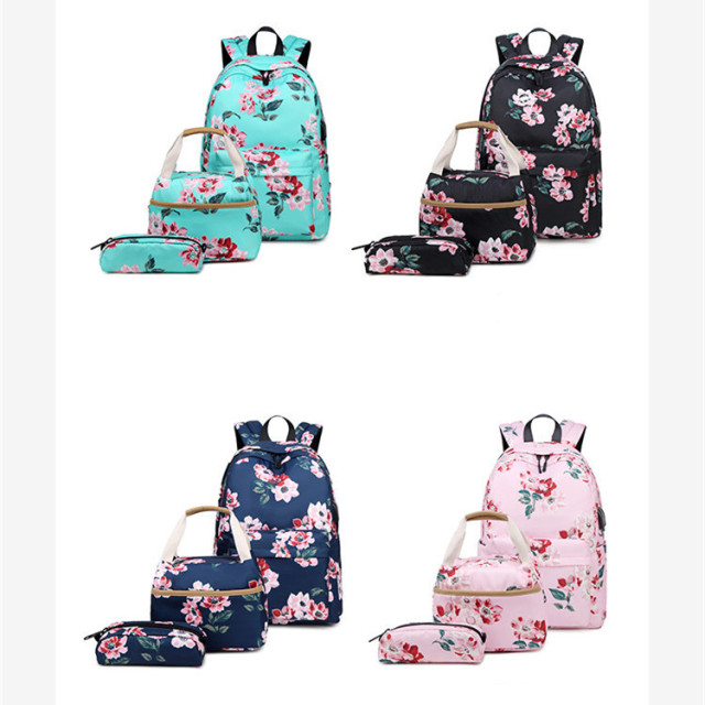 Personalised School Bags with Lunch Box Black Flower Backpack Bulk Character Satchel