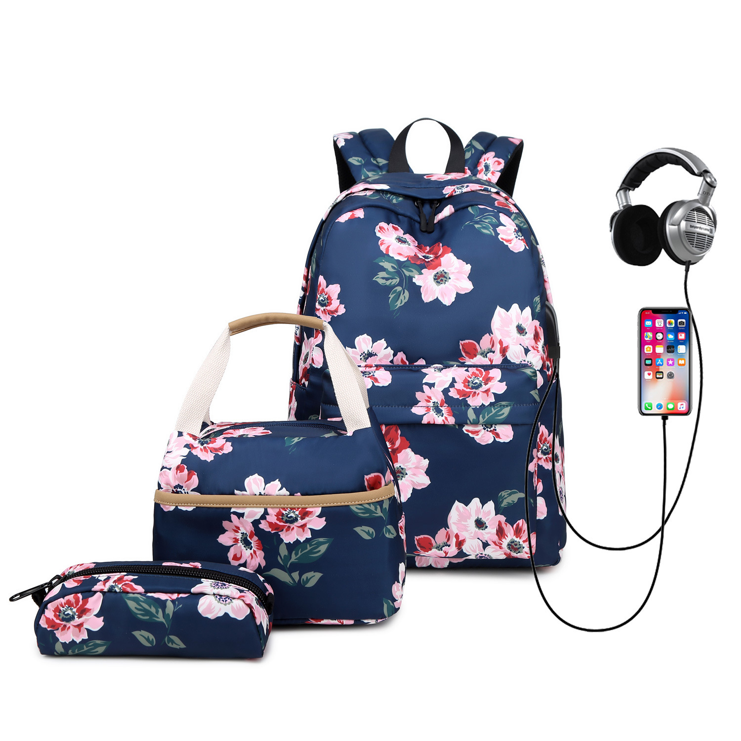 Personalised School Bags with Lunch Box Black Flower Backpack Bulk Character Satchel