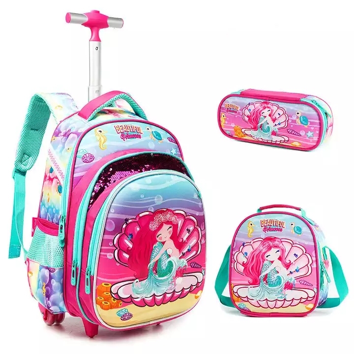 3 in 1 School Children Backpack With Wheels Student Wheeled School Detachable Backpack Trolley Bag
