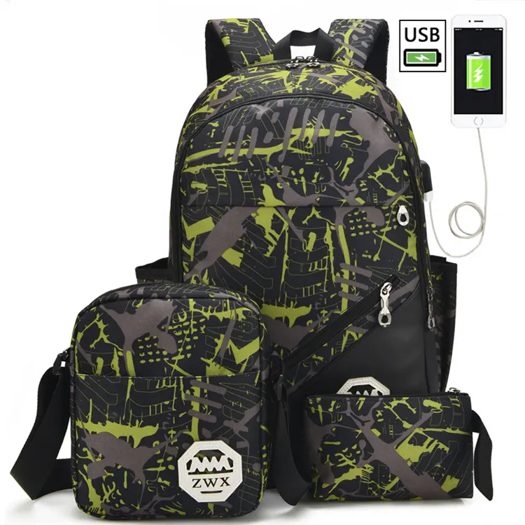 New Men's Bag Korean Style Fashion Student Schoolbag Backpack Three-piece Casual Travel & Outdoor Hiking Backpack