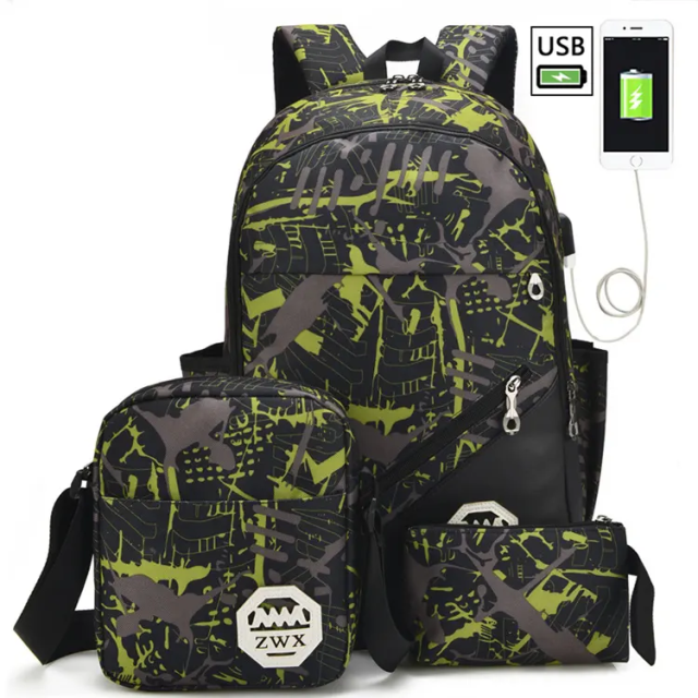 New Men's Bag Korean Style Fashion Student Schoolbag Backpack Three-piece Casual Travel & Outdoor Hiking Backpack