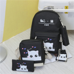 Hotselling Lovely Kitty Printed Canvas Backpack Four-piece Sets Multi-functional School Bags for Girls