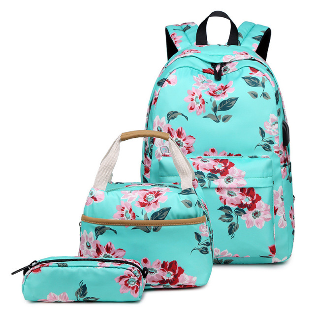 Personalised School Bags with Lunch Box Black Flower Backpack Bulk Character Satchel