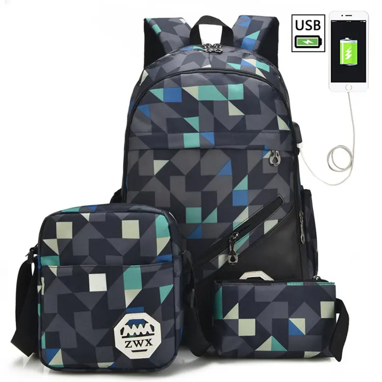 New Men's Bag Korean Style Fashion Student Schoolbag Backpack Three-piece Casual Travel & Outdoor Hiking Backpack