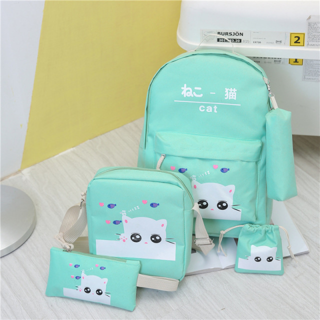 Hotselling Lovely Kitty Printed Canvas Backpack Four-piece Sets Multi-functional School Bags for Girls