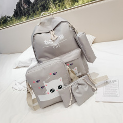 Hotselling Lovely Kitty Printed Canvas Backpack Four-piece Sets Multi-functional School Bags for Girls