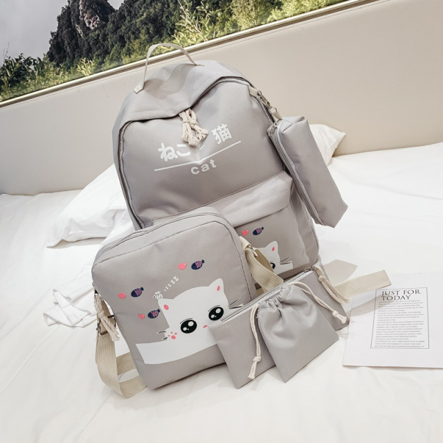 Hotselling Lovely Kitty Printed Canvas Backpack Four-piece Sets Multi-functional School Bags for Girls