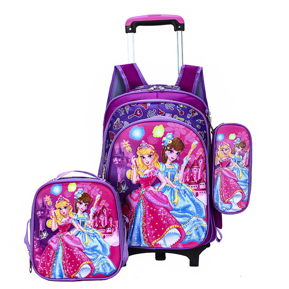 High Quality Kids Rolling Schoolbag Set 3 Pcs Backpack with Pencil case and Lunch Bag6-12 Years Removable Trolley Schoolbag