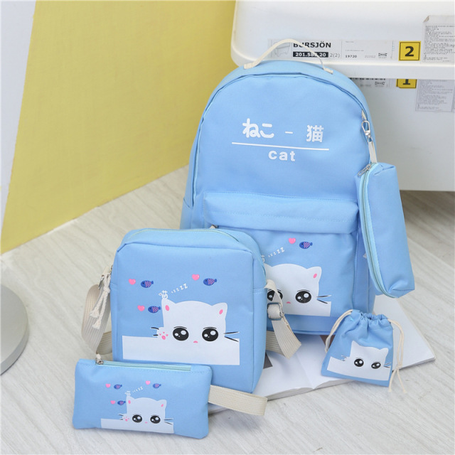 Hotselling Lovely Kitty Printed Canvas Backpack Four-piece Sets Multi-functional School Bags for Girls