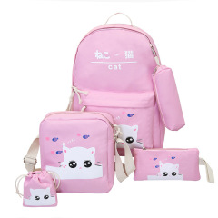 Hotselling Lovely Kitty Printed Canvas Backpack Four-piece Sets Multi-functional School Bags for Girls