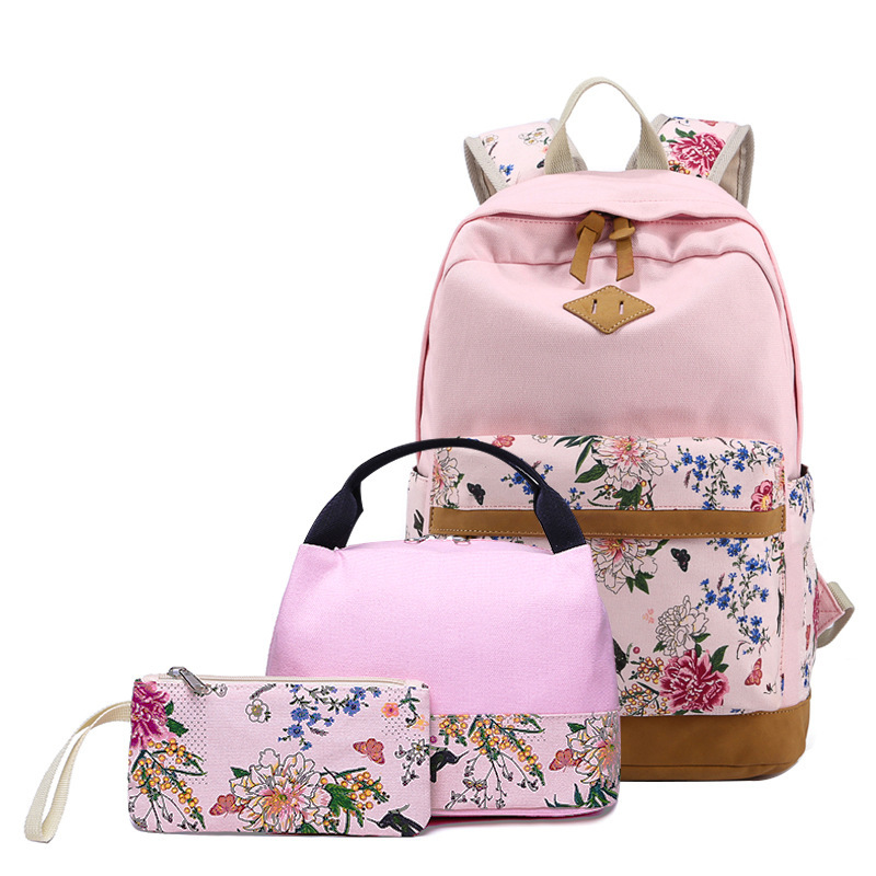 New 3pcs/Set Girl Backpack Custom Print Leisure Canvas Schoolbag Travel Backpack with Usb Charging