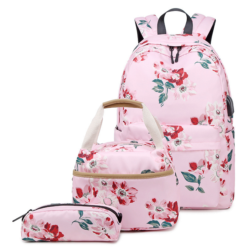 Personalised School Bags with Lunch Box Black Flower Backpack Bulk Character Satchel