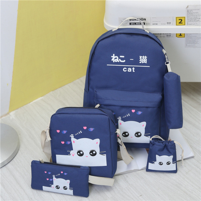 Hotselling Lovely Kitty Printed Canvas Backpack Four-piece Sets Multi-functional School Bags for Girls