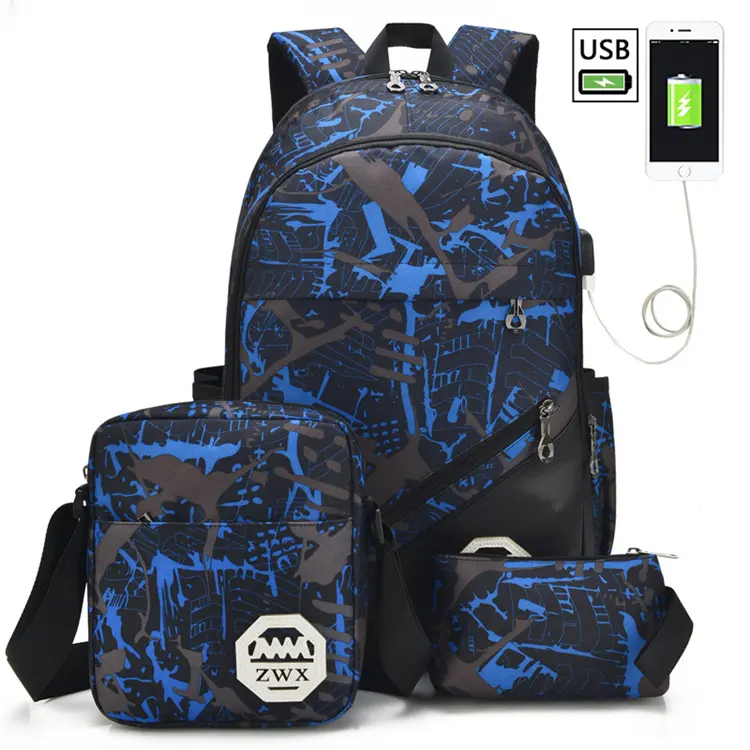 New Men's Bag Korean Style Fashion Student Schoolbag Backpack Three-piece Casual Travel & Outdoor Hiking Backpack