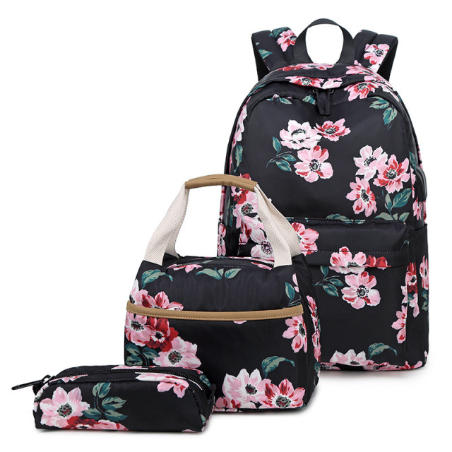 Personalised School Bags with Lunch Box Black Flower Backpack Bulk Character Satchel