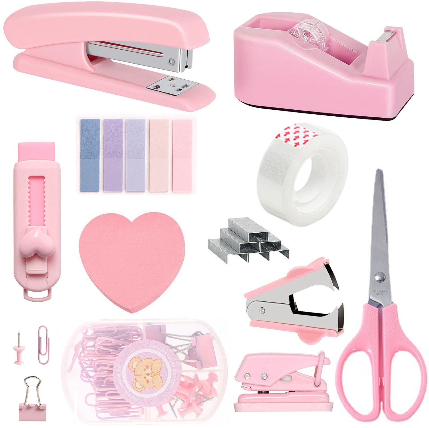 Ready Stock Cross-Border Pink Desktop Office Stationery Set for Students Includes Stapler Tape Holder Scissors