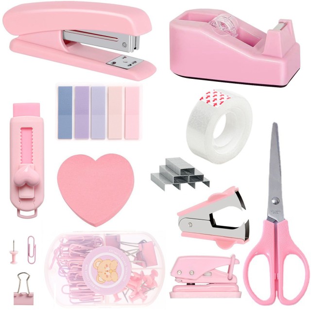 Ready Stock Cross-Border Pink Desktop Office Stationery Set for Students Includes Stapler Tape Holder Scissors