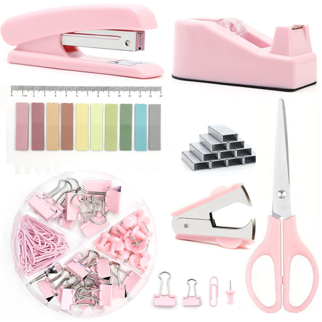 Customized pink Office Stationery Set Wholesale Cross-border Stapler Scissors Book Multi-functional Binding Combination