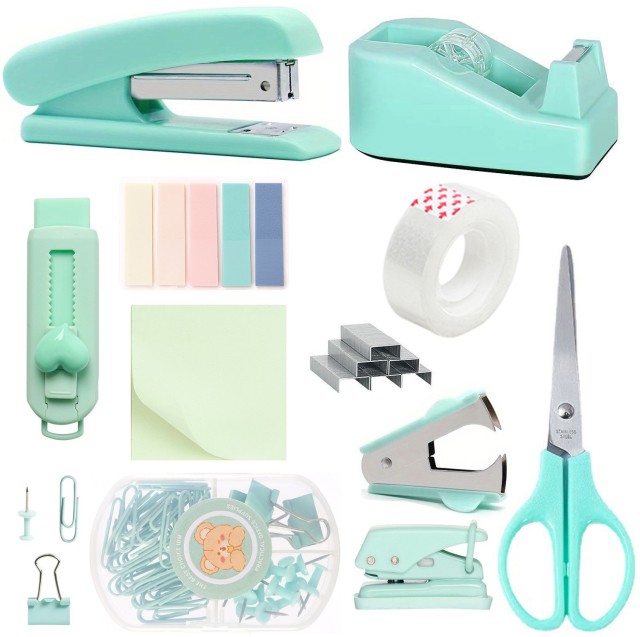 Ready Stock Cross-Border Pink Desktop Office Stationery Set for Students Includes Stapler Tape Holder Scissors
