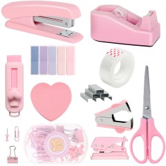 Ready Stock Cross-Border Pink Desktop Office Stationery Set for Students Includes Stapler Tape Holder Scissors