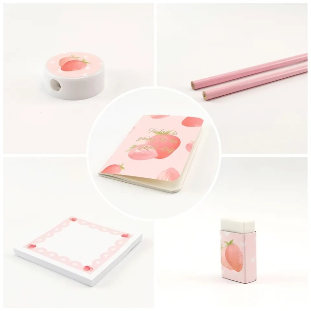 Custom Back to School Supplies Notebook with Pen Clip Kit Pink Strawberry Stationery Gift Set