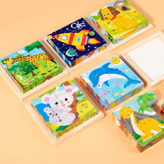 Best Selling  Wooden Six-sided Cube Puzzle Transportation Animal Wooden Cube Puzzle Assembling 3d Wooden Puzzle Cube