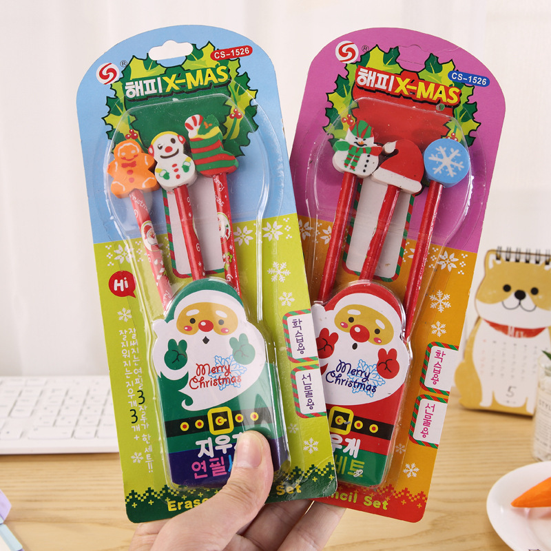 Custom Logo Printed Christmas Gift Eraser Kids School Stationery Pencil Set
