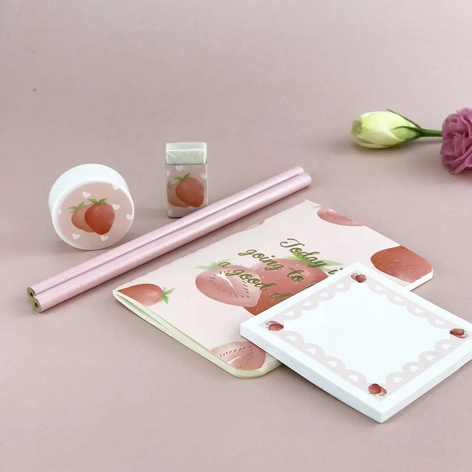 Custom Back to School Supplies Notebook with Pen Clip Kit Pink Strawberry Stationery Gift Set