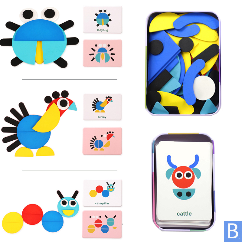 Wooden Pattern Blocks Animals Jigsaw Puzzle Sorting and Stacking Games Montessori Educational Toys for Toddlers Kids Boys Girls