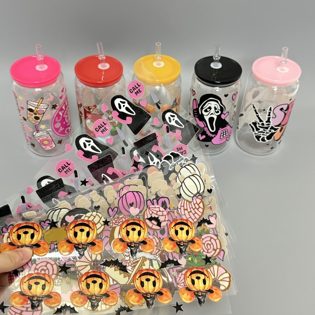 New Christmas Halloween Custom Printing Waterproof Labels Transfers Stickers Uv Dtf 16oz Wraps for Glass Can