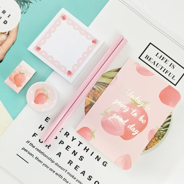 Custom Back to School Supplies Notebook with Pen Clip Kit Pink Strawberry Stationery Gift Set