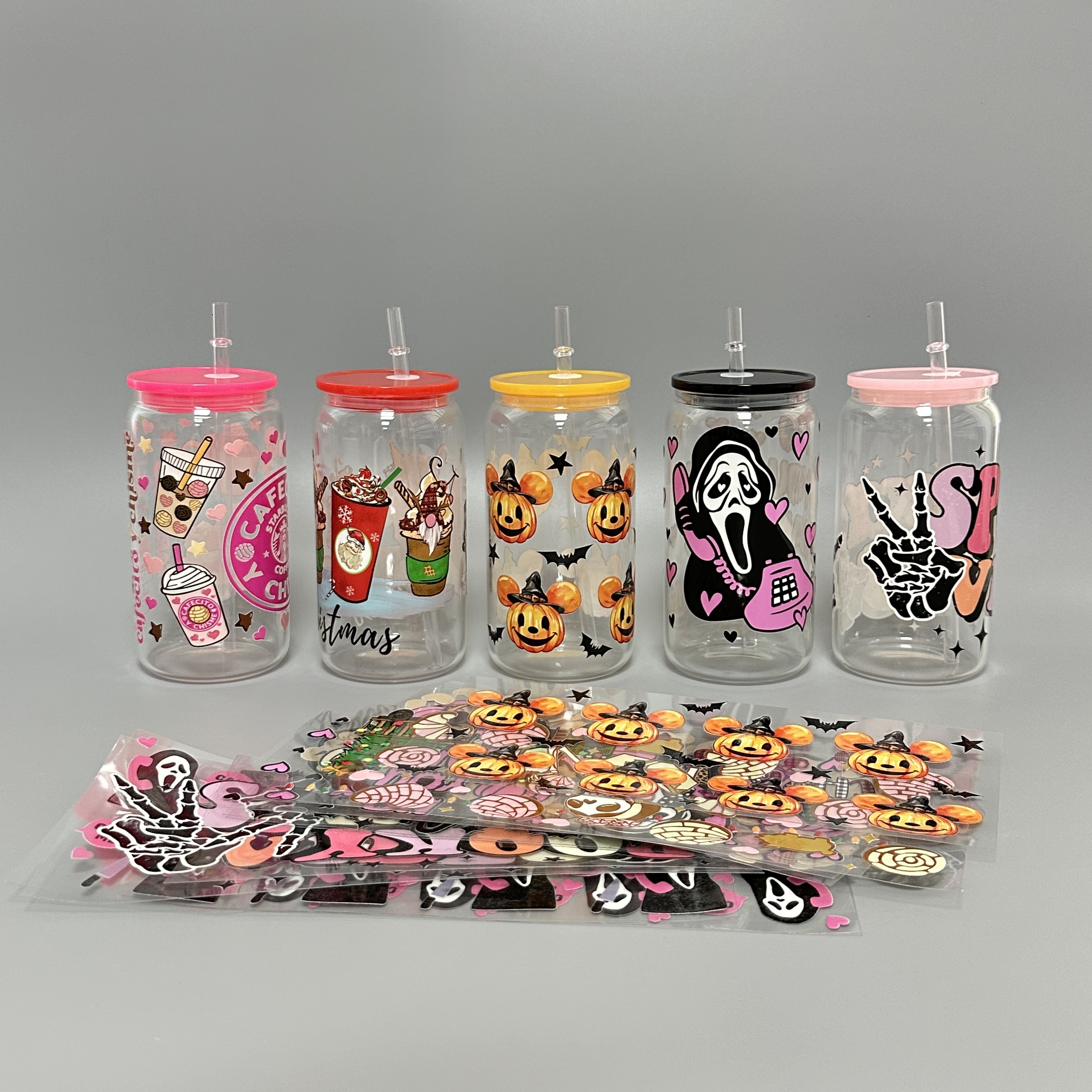 New Christmas Halloween Custom Printing Waterproof Labels Transfers Stickers Uv Dtf 16oz Wraps for Glass Can