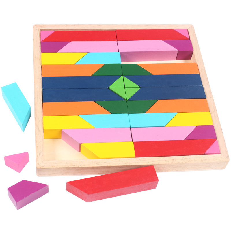 Educational Toy Travel Game Set Logic Natural Tangram Wooden Puzzle Geometry Game Cube Puzzle Gift for Kids