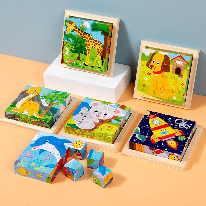 Best Selling  Wooden Six-sided Cube Puzzle Transportation Animal Wooden Cube Puzzle Assembling 3d Wooden Puzzle Cube