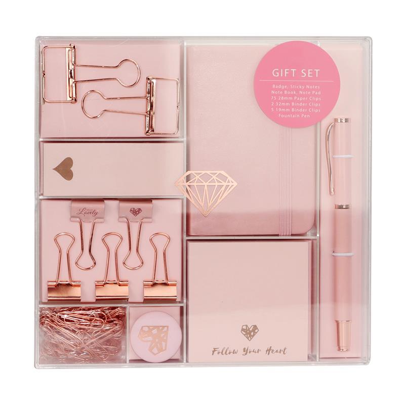 Rose Gold Office Study Kit Notebook Clip Paper Clip Notepad Cute School Stationery Gift Box for Girls and Boys