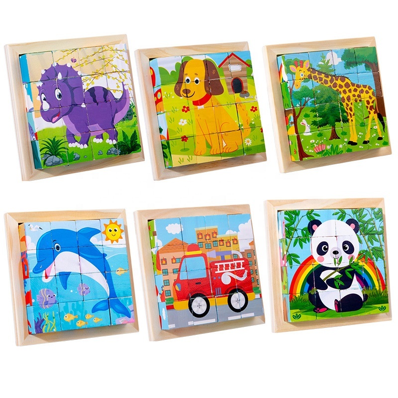 Best Selling  Wooden Six-sided Cube Puzzle Transportation Animal Wooden Cube Puzzle Assembling 3d Wooden Puzzle Cube
