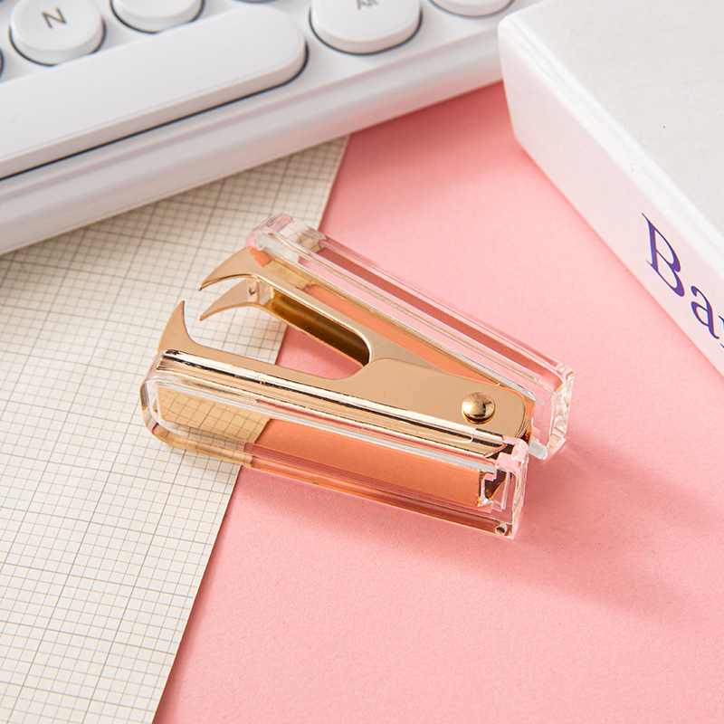 Hot Acrylic Stapler Luxury Rose Gold Rose Pink Staple Remover Staples Screwdriver Acrylic Gold Desktop Staple Stapler Matching