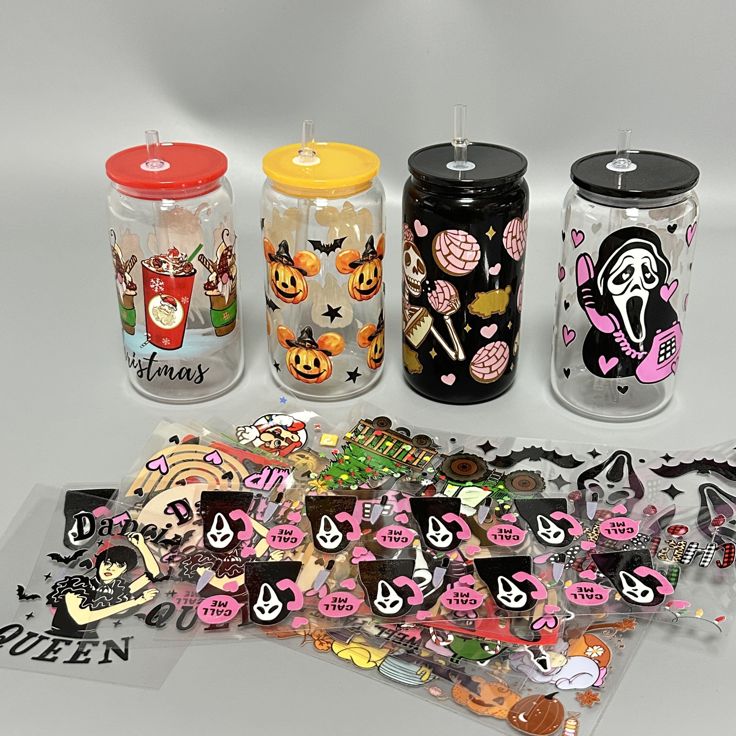 New Christmas Halloween Custom Printing Waterproof Labels Transfers Stickers Uv Dtf 16oz Wraps for Glass Can