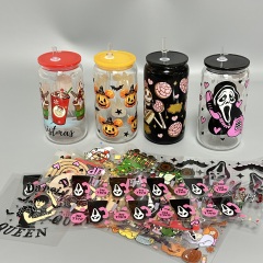 New Christmas Halloween Custom Printing Waterproof Labels Transfers Stickers Uv Dtf 16oz Wraps for Glass Can