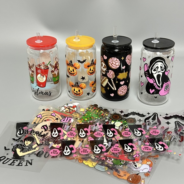 New Christmas Halloween Custom Printing Waterproof Labels Transfers Stickers Uv Dtf 16oz Wraps for Glass Can