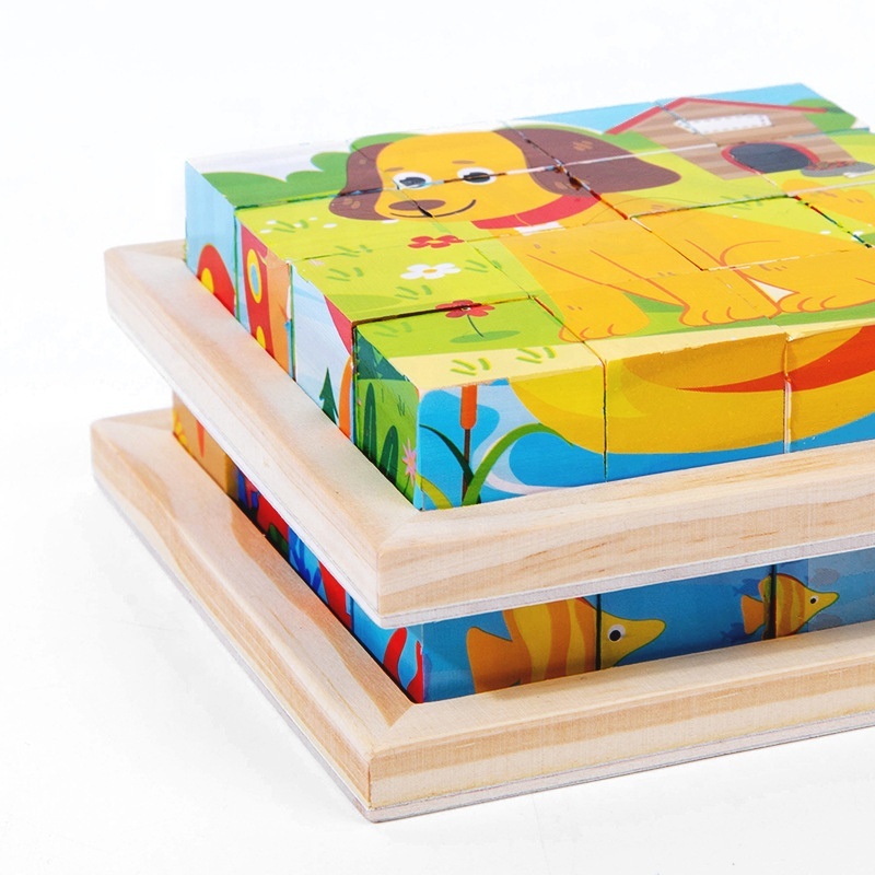 Best Selling  Wooden Six-sided Cube Puzzle Transportation Animal Wooden Cube Puzzle Assembling 3d Wooden Puzzle Cube