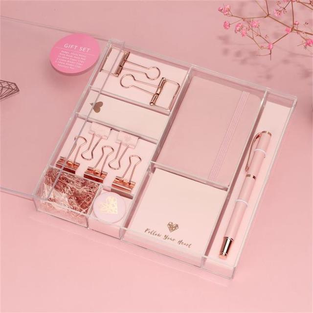 Rose Gold Office Study Kit Notebook Clip Paper Clip Notepad Cute School Stationery Gift Box for Girls and Boys