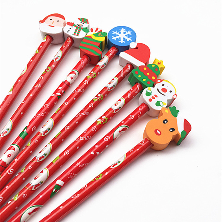 Custom Logo Printed Christmas Gift Eraser Kids School Stationery Pencil Set