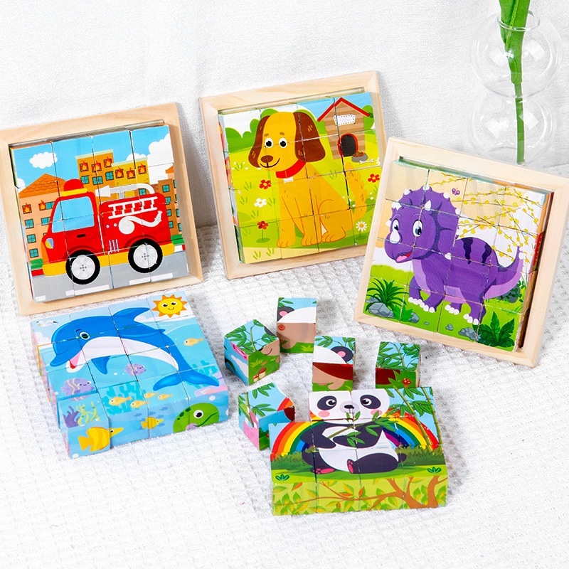 Best Selling  Wooden Six-sided Cube Puzzle Transportation Animal Wooden Cube Puzzle Assembling 3d Wooden Puzzle Cube