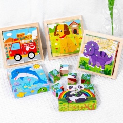 Best Selling  Wooden Six-sided Cube Puzzle Transportation Animal Wooden Cube Puzzle Assembling 3d Wooden Puzzle Cube
