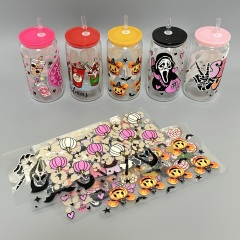 New Christmas Halloween Custom Printing Waterproof Labels Transfers Stickers Uv Dtf 16oz Wraps for Glass Can