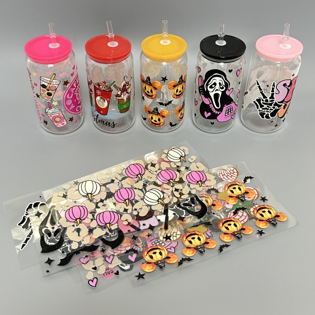 New Christmas Halloween Custom Printing Waterproof Labels Transfers Stickers Uv Dtf 16oz Wraps for Glass Can