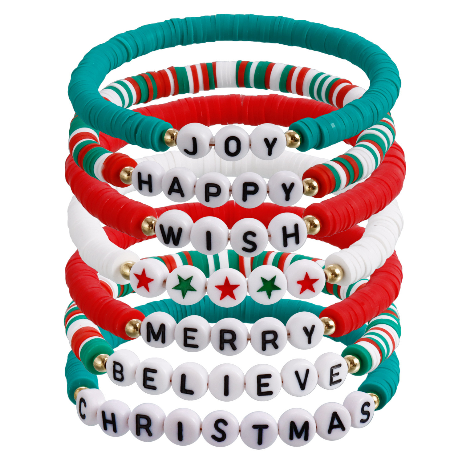 New Christmas Gift Santa Claus Elk Alphabet Hand String Mixed Color Polymer Clay Elastic Rope Christmas Bracelet Gifts