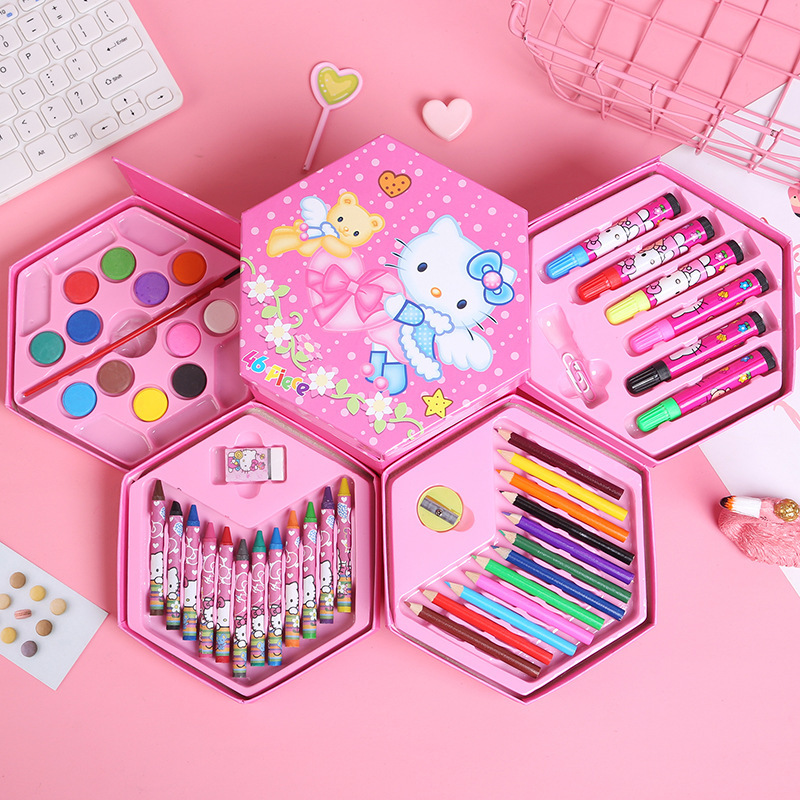 Multilayer Cartoon Kids Painting Set Hexagon Color Box Pencil Pastel Drawing Art Set