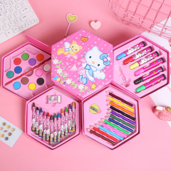 Multilayer Cartoon Kids Painting Set Hexagon Color Box Pencil Pastel Drawing Art Set